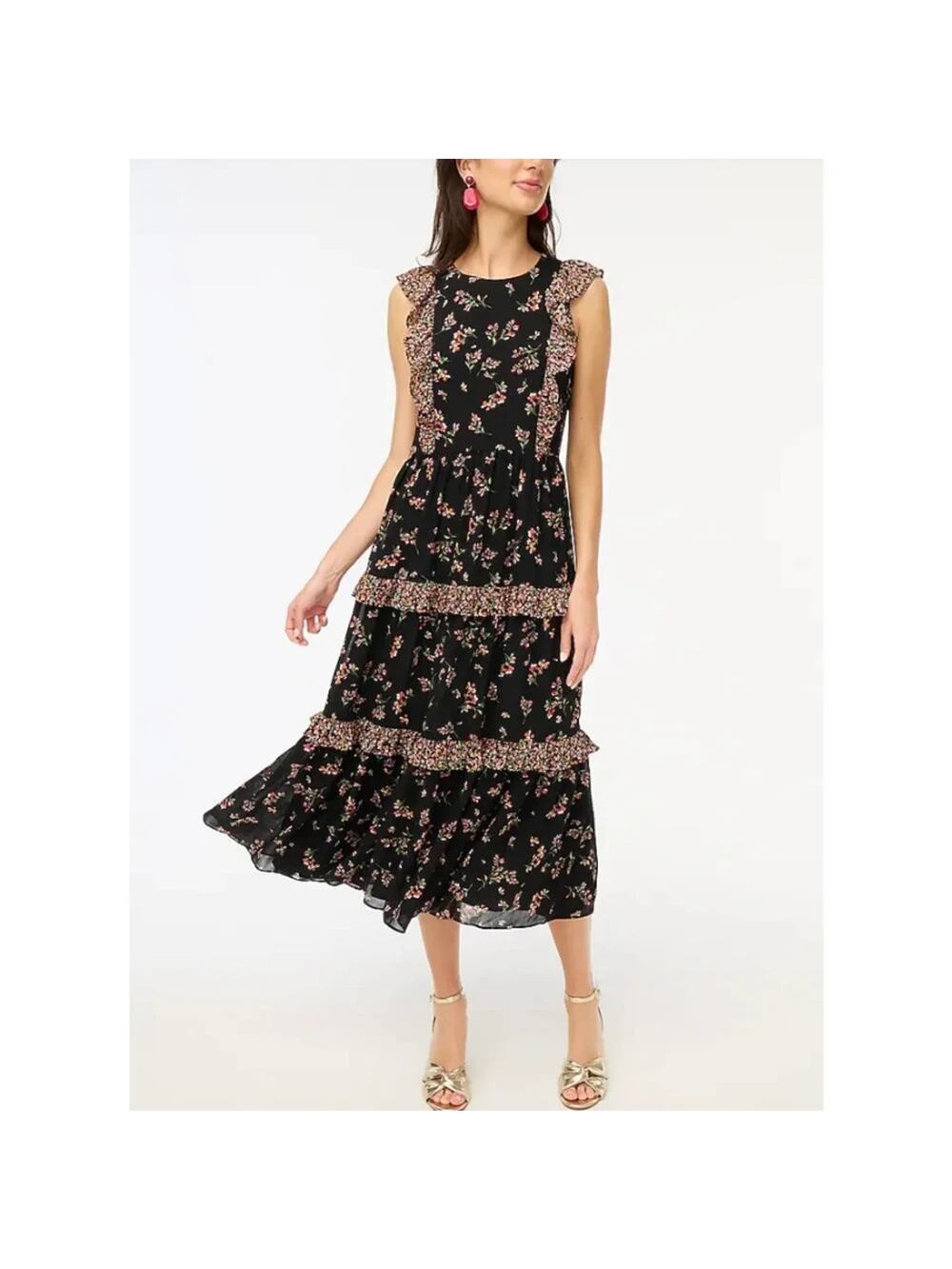 J Crew Women's Black Sleeveless Floral Ruffle boho Tiered Maxi Dress 14 A006830